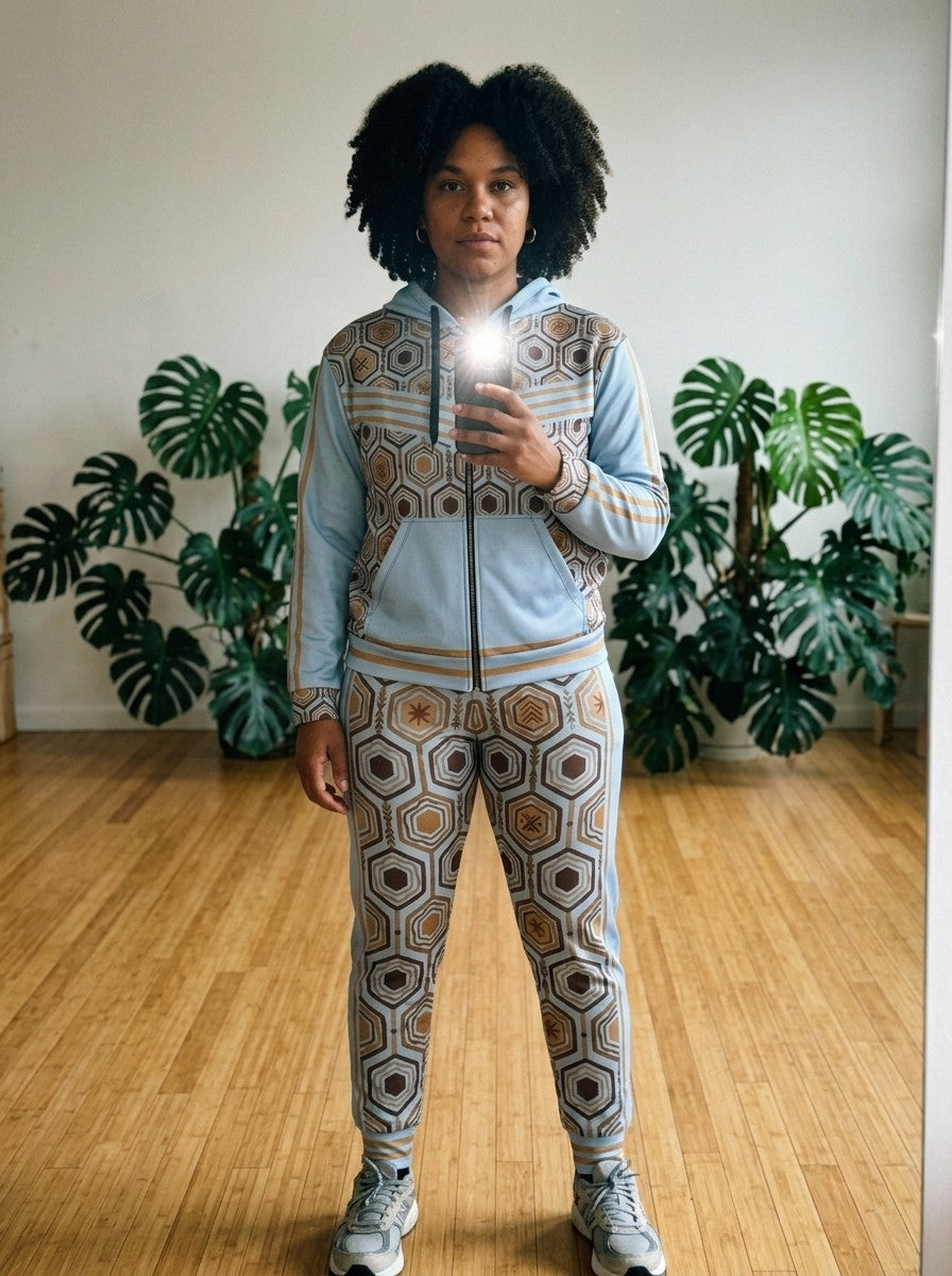 Lifestyle shot of the AnanseNova™ women's Zip Hoodie + Joggers set in Igwe Blue, mirror selfie in a plant-filled room | SunBorn