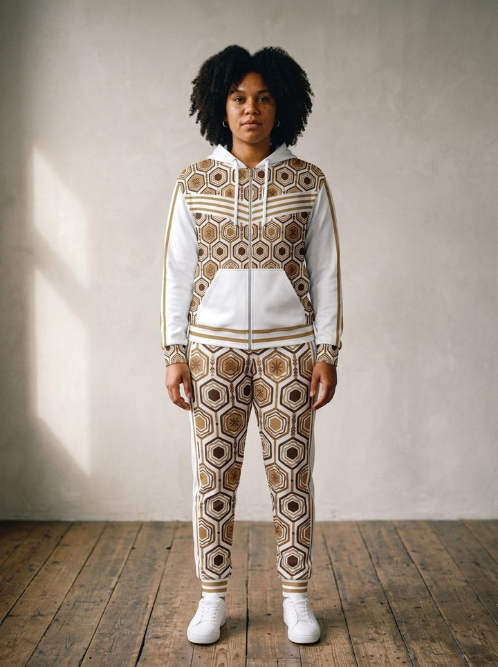 Women's tracksuit set in Ocha White: AnanseNova™ Zip Hoodie + Joggers on model, front view, bronze hexagon print with chevron chest stripes and full-leg jogger print | SunBorn