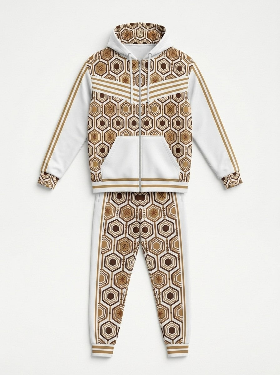 Flat lay of the Ocha White AnanseNova™ women's Zip Hoodie and Joggers side by side, showing the printed hood lining, chest web and full-leg hexagon print | SunBorn