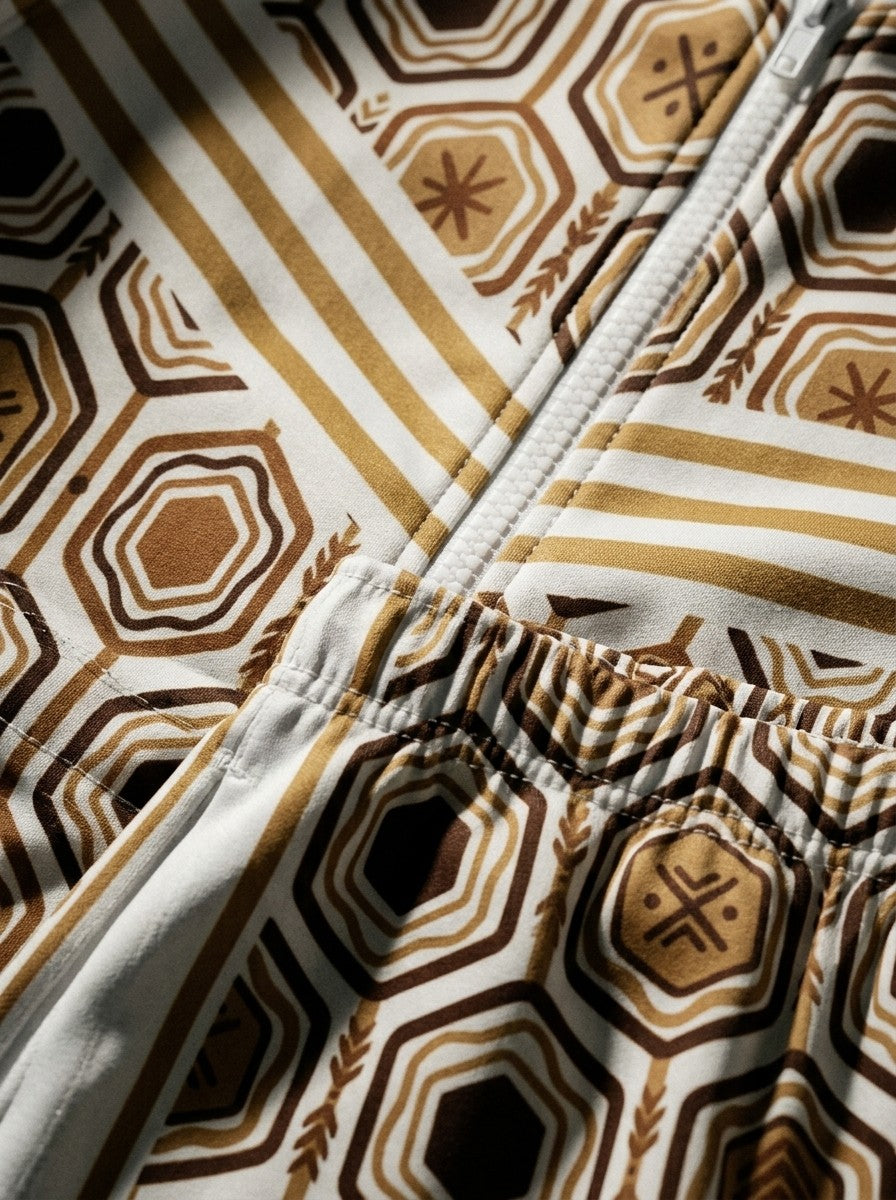Close-up of the Ocha White AnanseNova™ women's set: zip hoodie chest stripes, zipper and sublimation hexagon print on AkomaDrive™ fleece joggers | SunBorn
