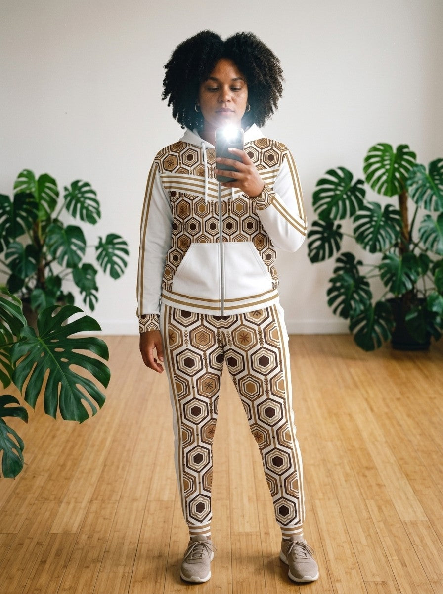 Lifestyle shot of the AnanseNova™ women's Zip Hoodie + Joggers set in Ocha White, mirror selfie in a plant-filled room | SunBorn