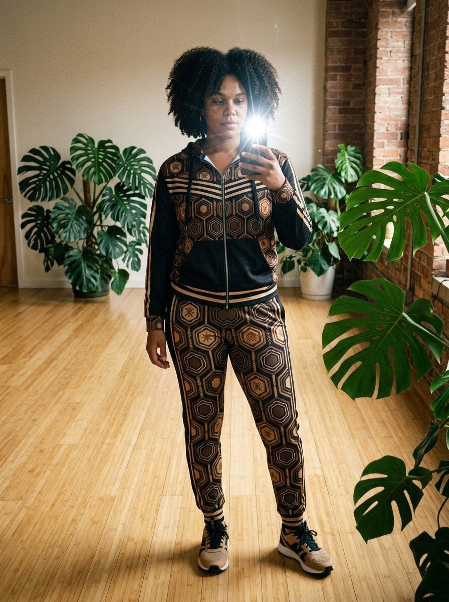 Lifestyle shot of the AnanseNova™ women's Zip Hoodie + Joggers set in Oji Black, mirror selfie in a brick loft | SunBorn