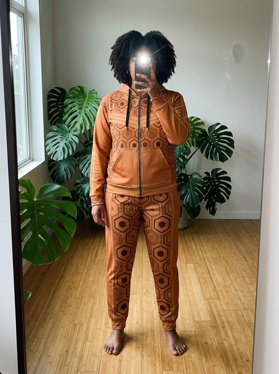 Lifestyle shot of the AnanseNova™ women's Zip Hoodie + Joggers set in Sango Orange, mirror selfie in a plant-filled room | SunBorn