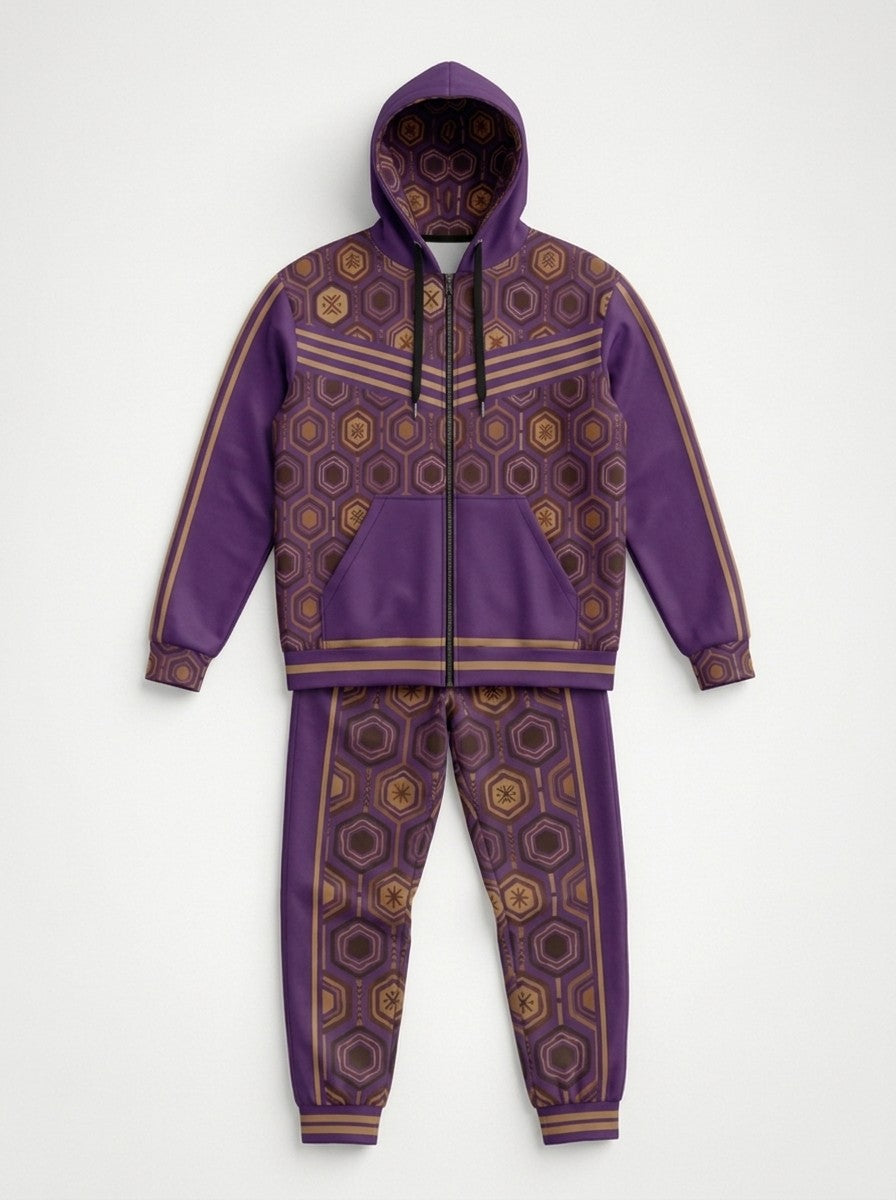 Flat lay of the Ugo Purple AnanseNova™ women's Zip Hoodie and Joggers side by side, showing the printed hood lining, chest web and full-leg hexagon print | SunBorn