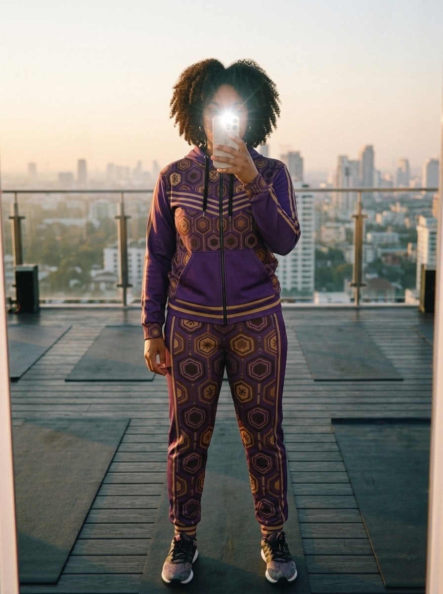 Lifestyle shot of the AnanseNova™ women's Zip Hoodie + Joggers set in Ugo Purple, worn on a city rooftop at sunrise | SunBorn