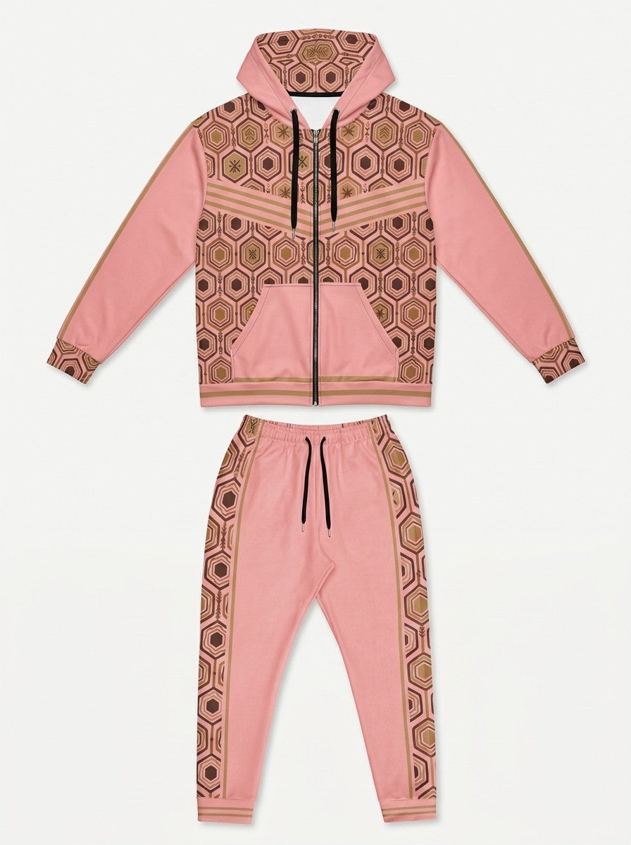 AnanseNova™ Zip Hoodie + Joggers Set in Eze Pink laid out flat: full-zip hoodie above the matching joggers