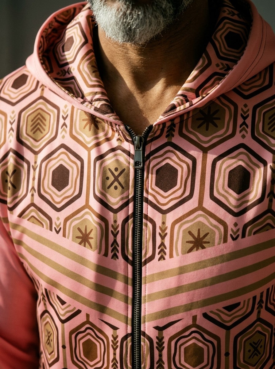 Close-up of the AnanseNova™ Zip Hoodie in Eze Pink: printed hood lining, metal zip and the hexagon and stripe chest print