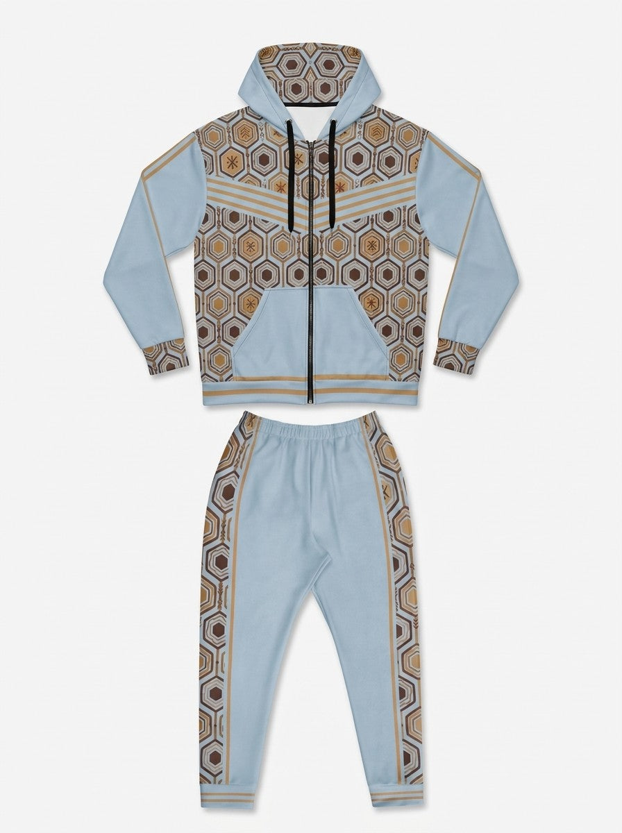AnanseNova™ Zip Hoodie + Joggers Set in Igwe Blue laid out flat: full-zip hoodie above the matching joggers