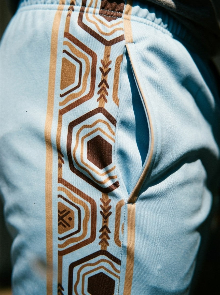 Close-up of the AnanseNova™ Joggers in Igwe Blue: side pocket and the brown and gold hexagon side stripe