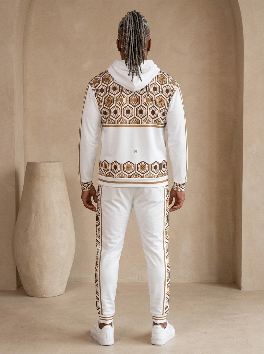 AnanseNova™ Zip Hoodie + Joggers Set in Ocha White, back view on model showing the hexagon print yoke and hem band and the joggers' side stripes