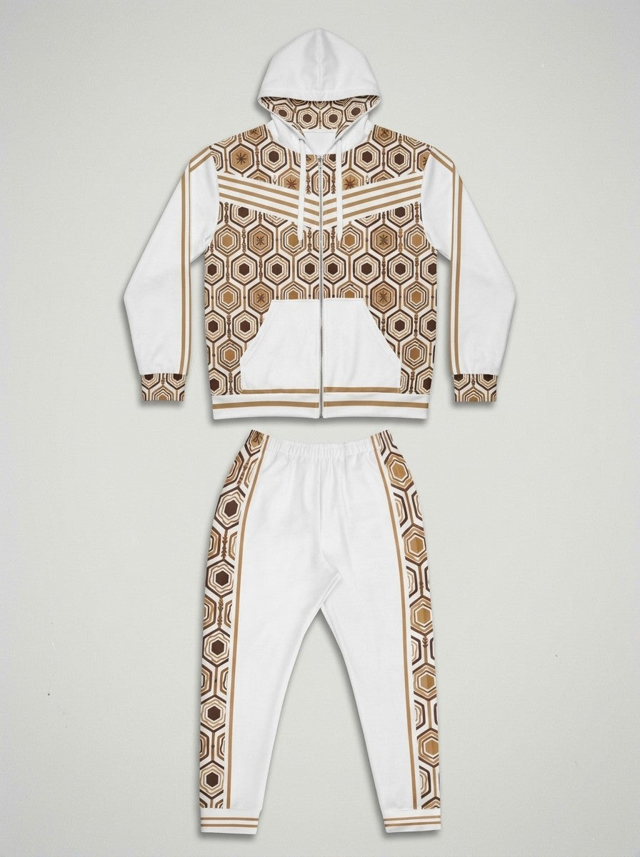 AnanseNova™ Zip Hoodie + Joggers Set in Ocha White laid out flat: full-zip hoodie above the matching joggers