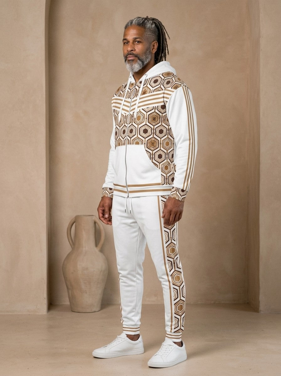 AnanseNova™ Zip Hoodie + Joggers Set in Ocha White, three-quarter view on model showing the sleeve stripes and jogger side panel