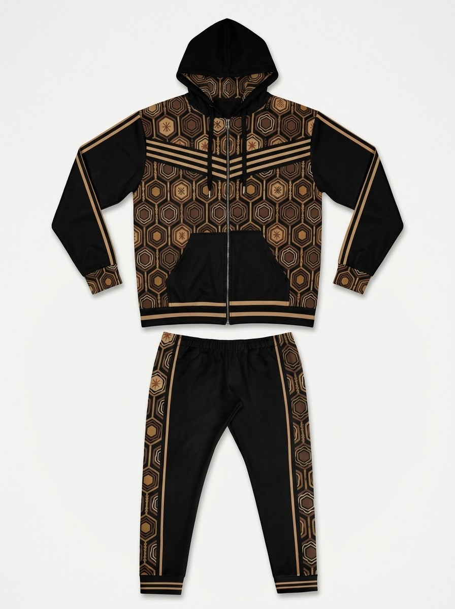 AnanseNova™ Zip Hoodie + Joggers Set in Oji Black laid out flat: full-zip hoodie above the matching joggers