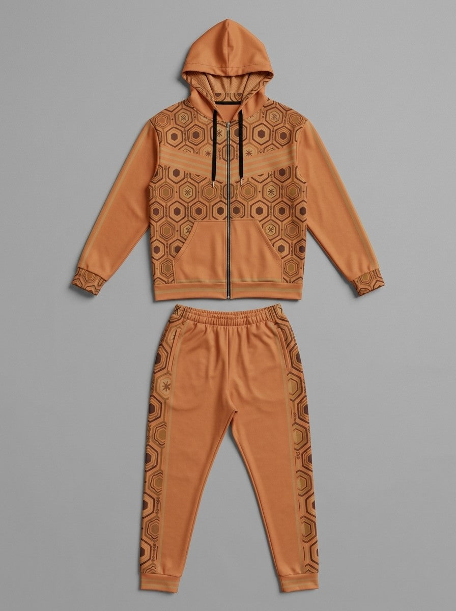 AnanseNova™ Zip Hoodie + Joggers Set in Sango Orange laid out flat: full-zip hoodie above the matching joggers