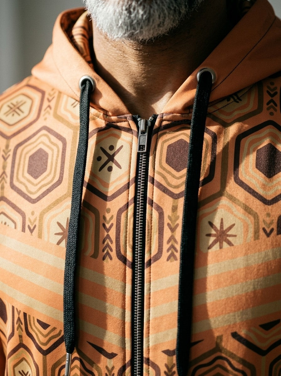 Close-up of the AnanseNova™ Zip Hoodie in Sango Orange: drawcords, metal zip and the hexagon and stripe chest print