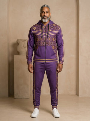AnanseNova™ Zip Hoodie + Joggers Set in Ugo Purple, front view on model: purple zip hoodie with brown and gold hexagon print panels and gold sleeve stripes, matching purple joggers with hex side stripes
