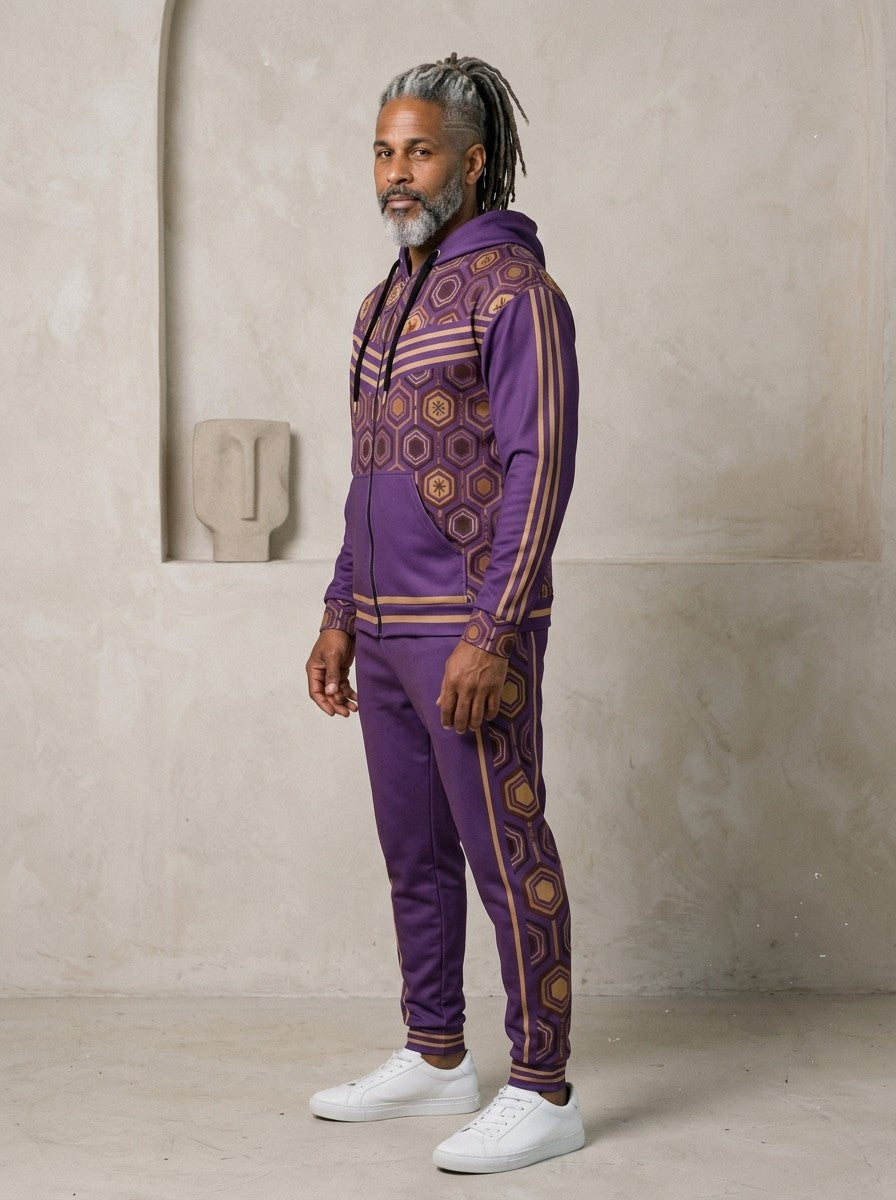 AnanseNova™ Zip Hoodie + Joggers Set in Ugo Purple, three-quarter view on model showing the sleeve stripes and jogger side panel