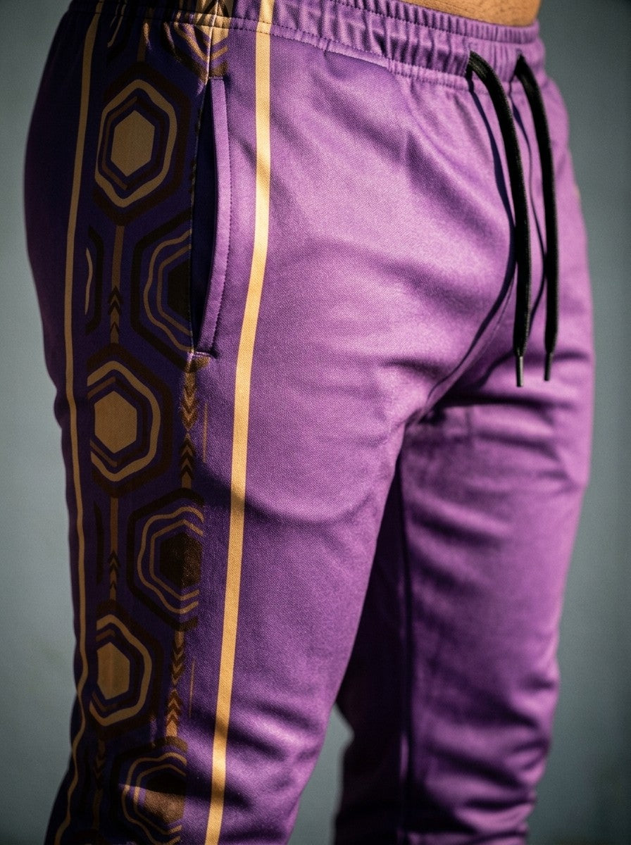 Close-up of the AnanseNova™ Joggers in Ugo Purple: side pocket, drawcord and the brown and gold hexagon side stripe