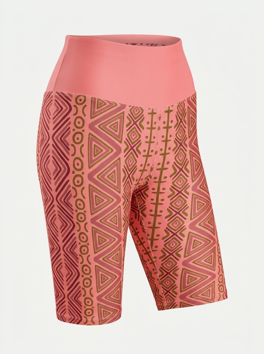 SunBorn N'Donso™ Biker Shorts in Adaeze Pink on a ghost mannequin, three-quarter right view showing the side print column