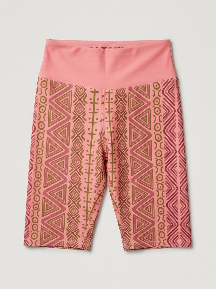 SunBorn N'Donso™ Biker Shorts in Adaeze Pink laid flat, showing the full front print and waistband