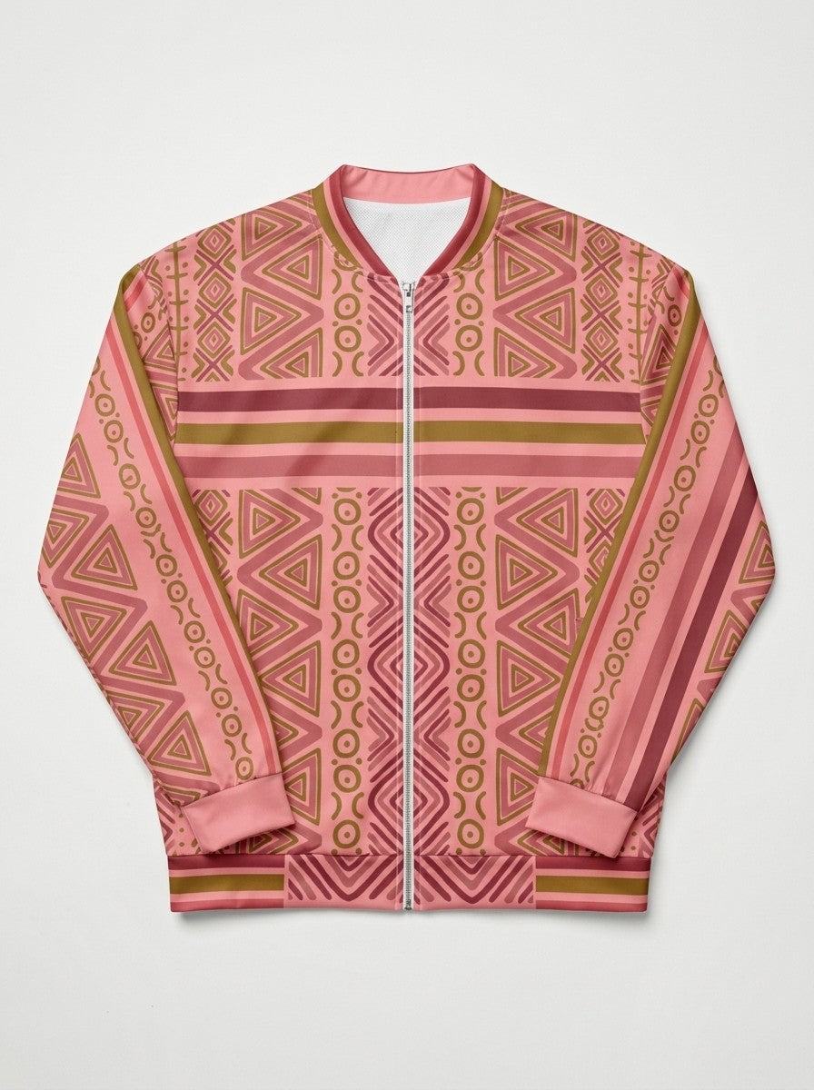 SunBorn N'Donso™ Bomber Jacket in Eze Pink laid flat: zigzag columns, rings and nested triangles with full-length sleeve stripes