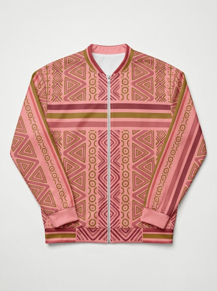 SunBorn N'Donso™ Bomber Jacket in Eze Pink laid flat: zigzag columns, rings and nested triangles with full-length sleeve stripes