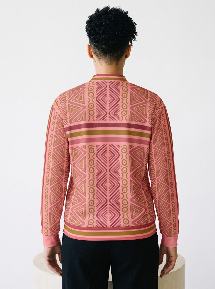 Back view of the SunBorn N'Donso™ Bomber Jacket in Eze Pink on model: three-stripe yoke band, sleeve stripes and striped rib hem