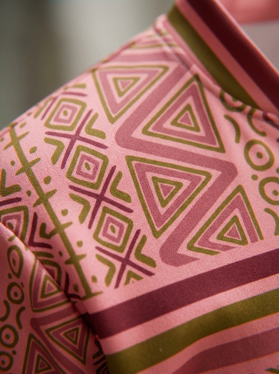 Close-up of the N'Donso™ Bomber Jacket in Eze Pink at the collar: striped rib meeting the Hunter's Road triangles and cross marks