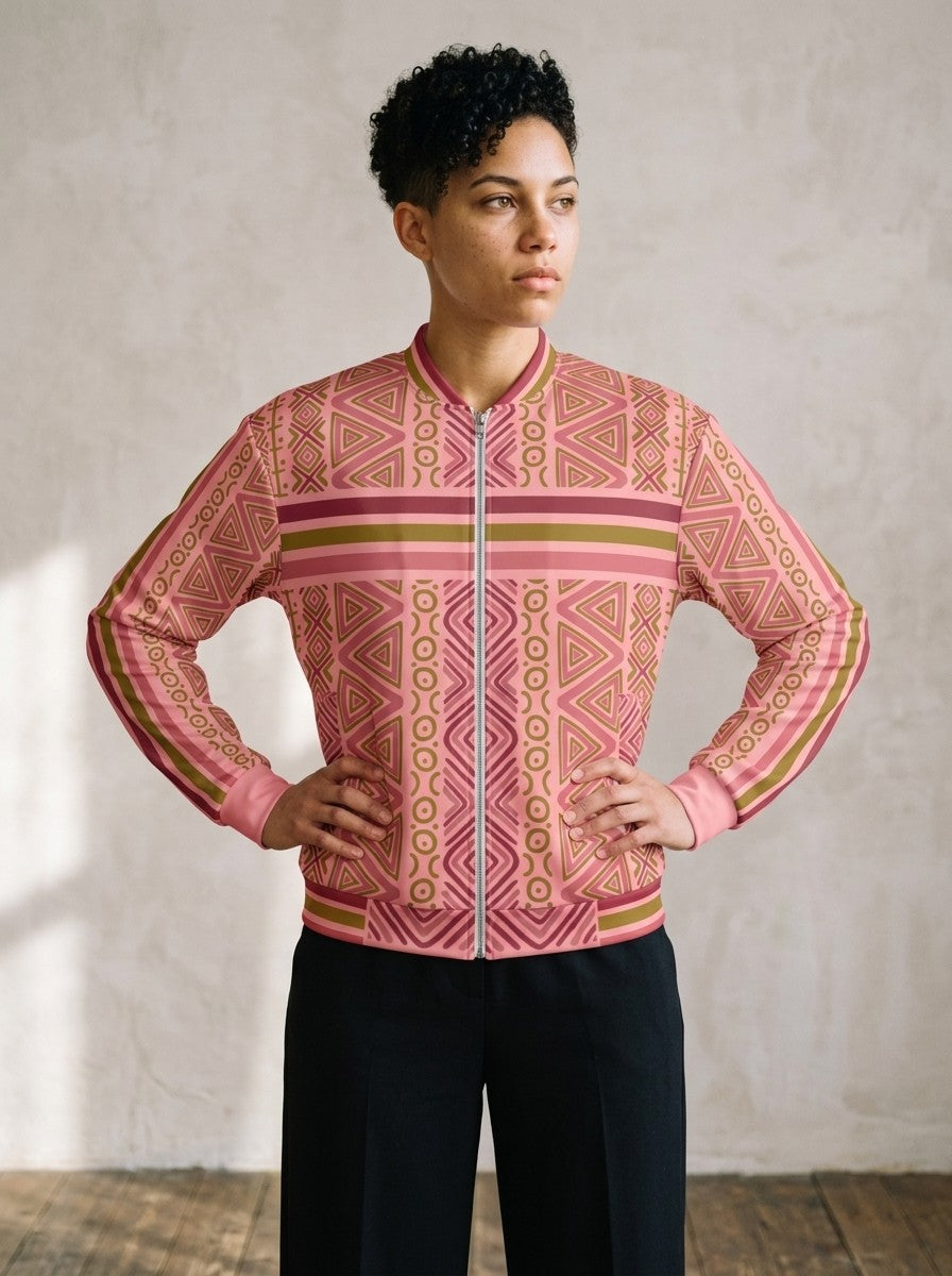 Model in the SunBorn N'Donso™ Eze Pink Bomber Jacket standing hands on hips against a sunlit plaster wall