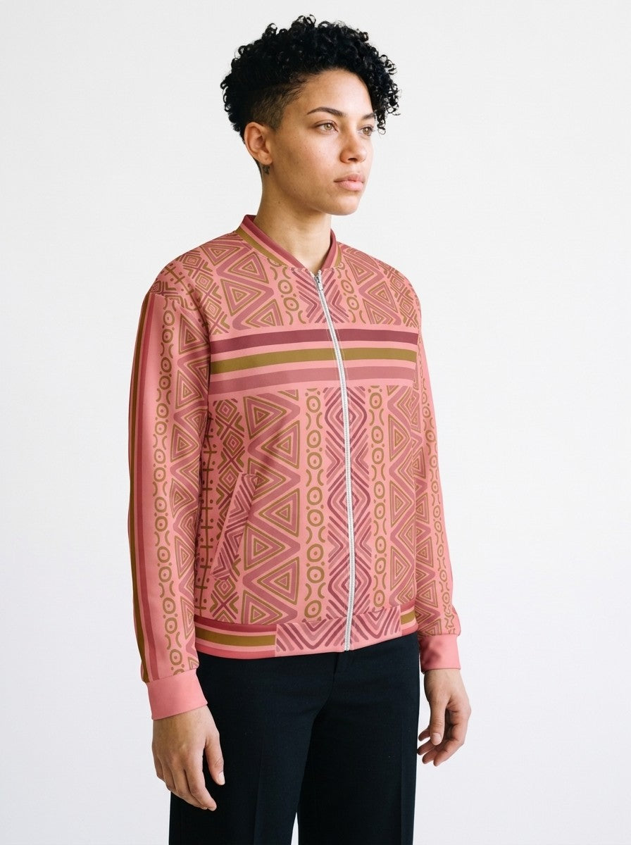 SunBorn N'Donso™ Bomber Jacket in Eze Pink, three-quarter right view on model showing the sleeve stripe and side pocket