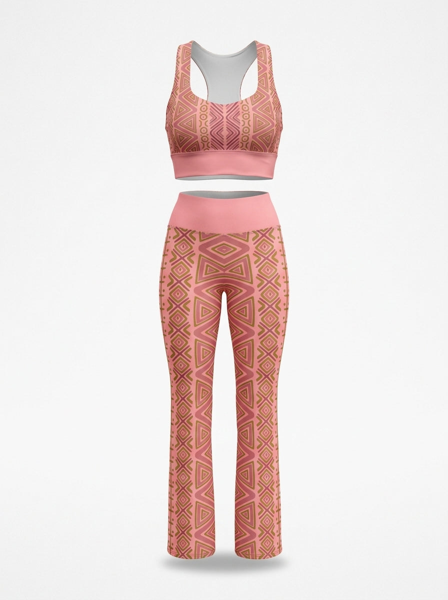 N'Donso™ Longline Sports Bra and Flare Leggings in Adaeze Pink on a ghost mannequin, AsaseFlex™ sublimated all-over print