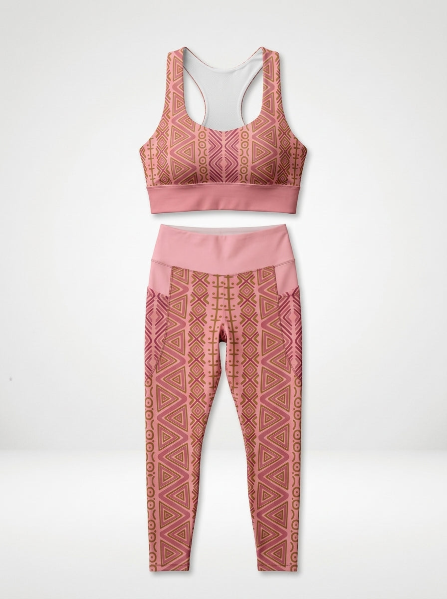 N'Donso™ Longline Sports Bra and Pocket Leggings in Adaeze Pink laid flat, showing the racerback and the side pockets