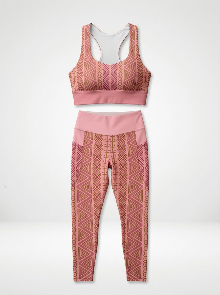 N'Donso™ Longline Sports Bra and Pocket Leggings in Adaeze Pink laid flat, showing the racerback and the side pockets