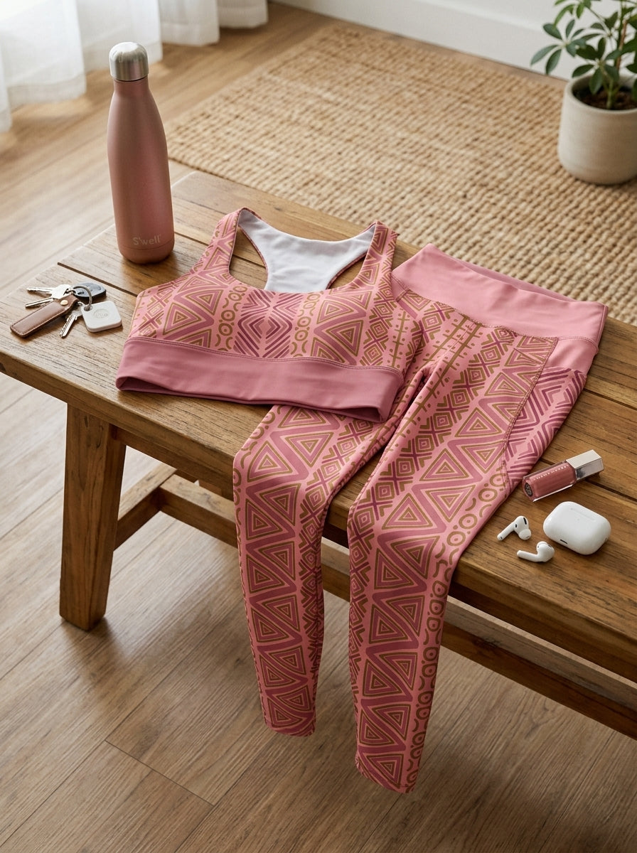 N'Donso™ Bra + Pocket Leggings Set in Adaeze Pink laid on a wooden bench with a water bottle and keys