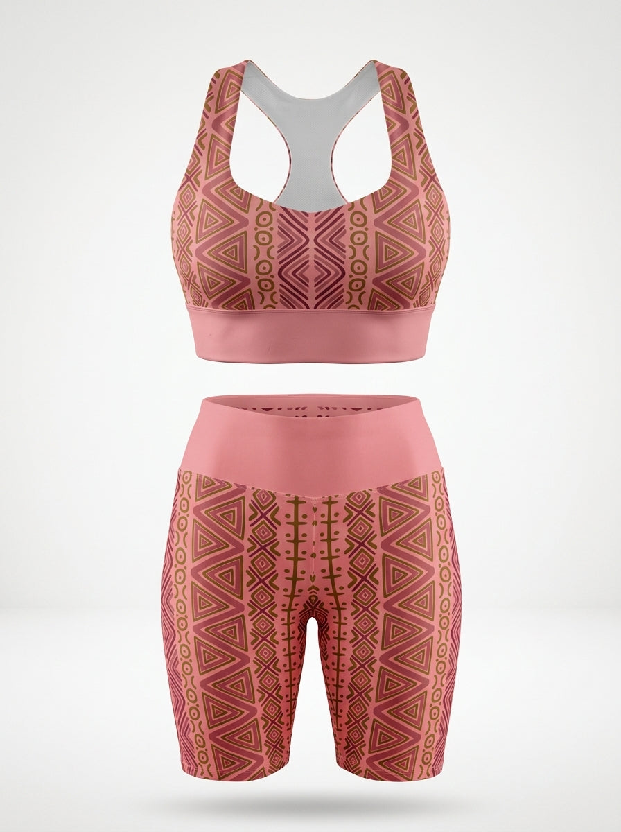 N'Donso™ Longline Sports Bra and Biker Shorts in Adaeze Pink on a ghost mannequin, AsaseFlex™ sublimated all-over print