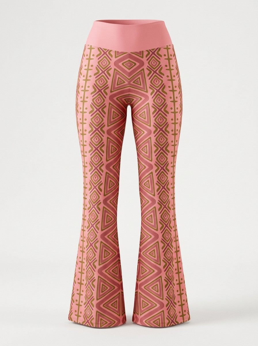 SunBorn N'Donso™ Flare Leggings in Adaeze Pink on a ghost mannequin, front view: zigzag columns, nested triangles and cross marks