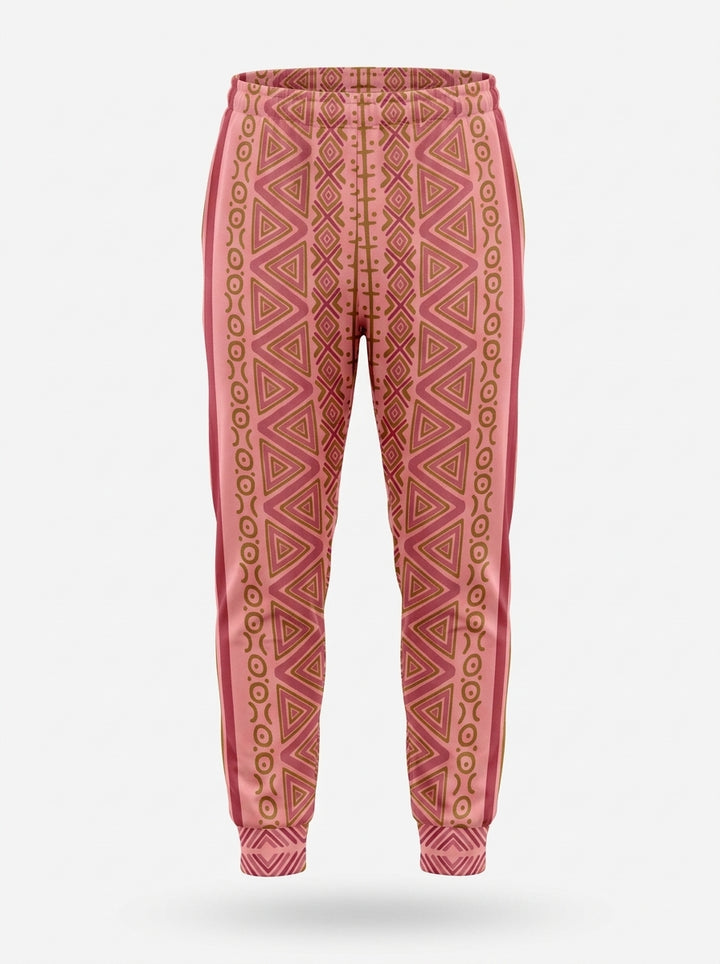 SunBorn N'Donso™ Men's Joggers in Eze Pink on a ghost mannequin, front view: elastic waistband, printed legs and cuffed hems