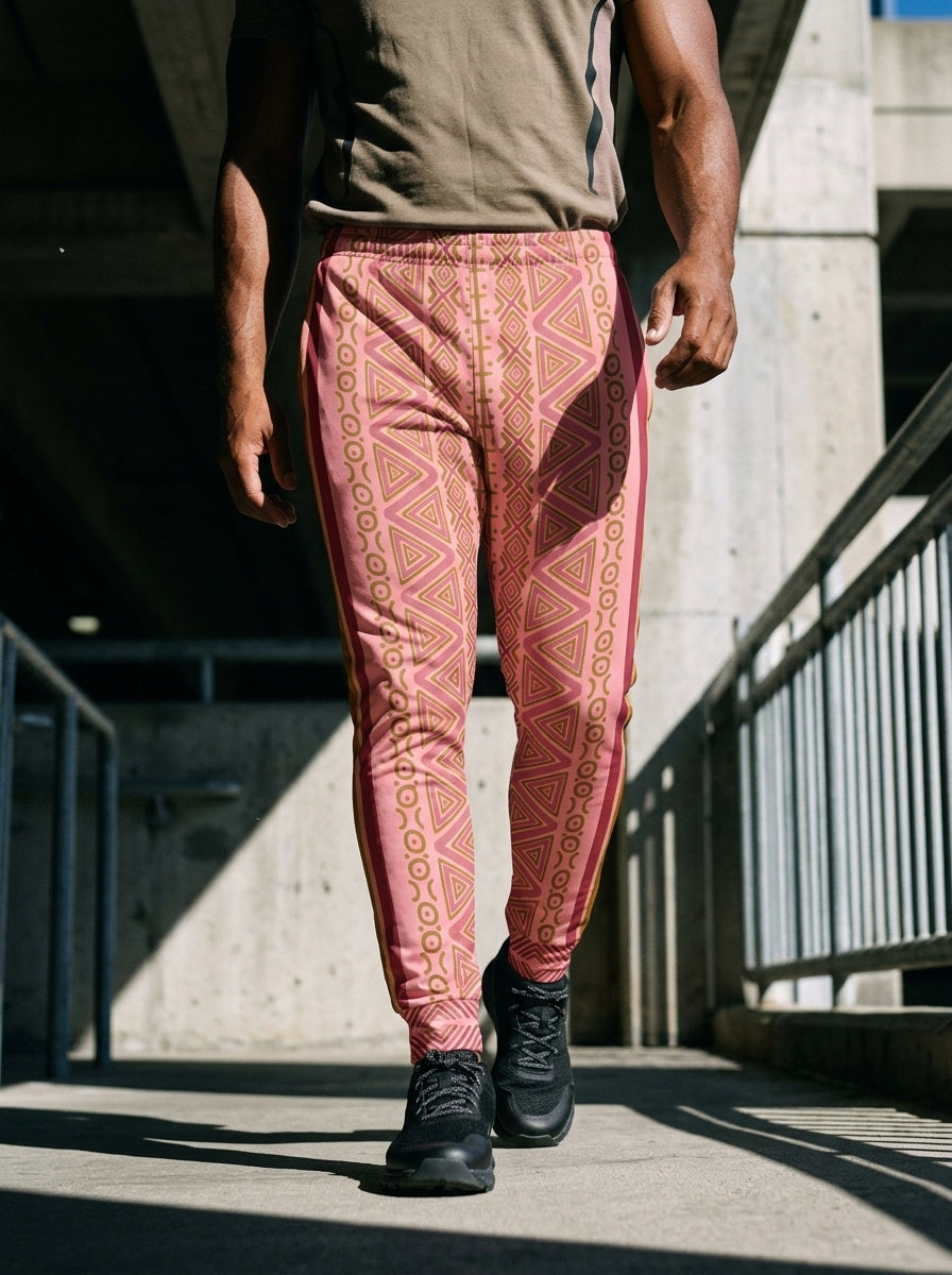 Man walking through a concrete parking structure in SunBorn N'Donso™ Eze Pink Men's Joggers and an olive tee