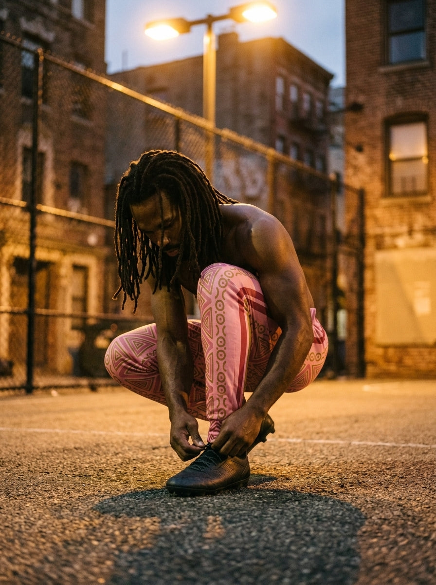 Man crouching to tie his shoe on an outdoor court at dusk in SunBorn N'Donso™ Eze Pink Men's Joggers