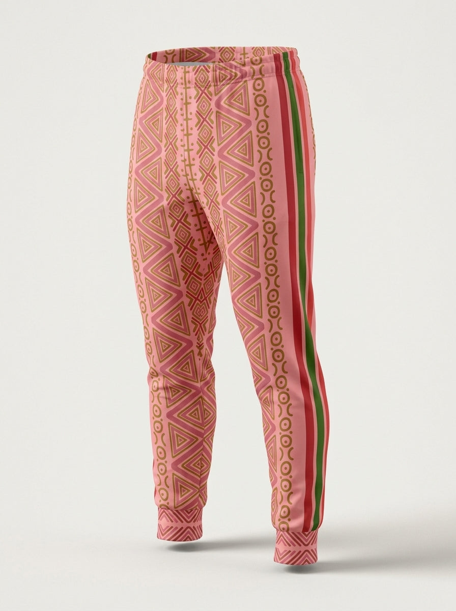 SunBorn N'Donso™ Men's Joggers in Eze Pink on a ghost mannequin, three-quarter left view of the side stripe