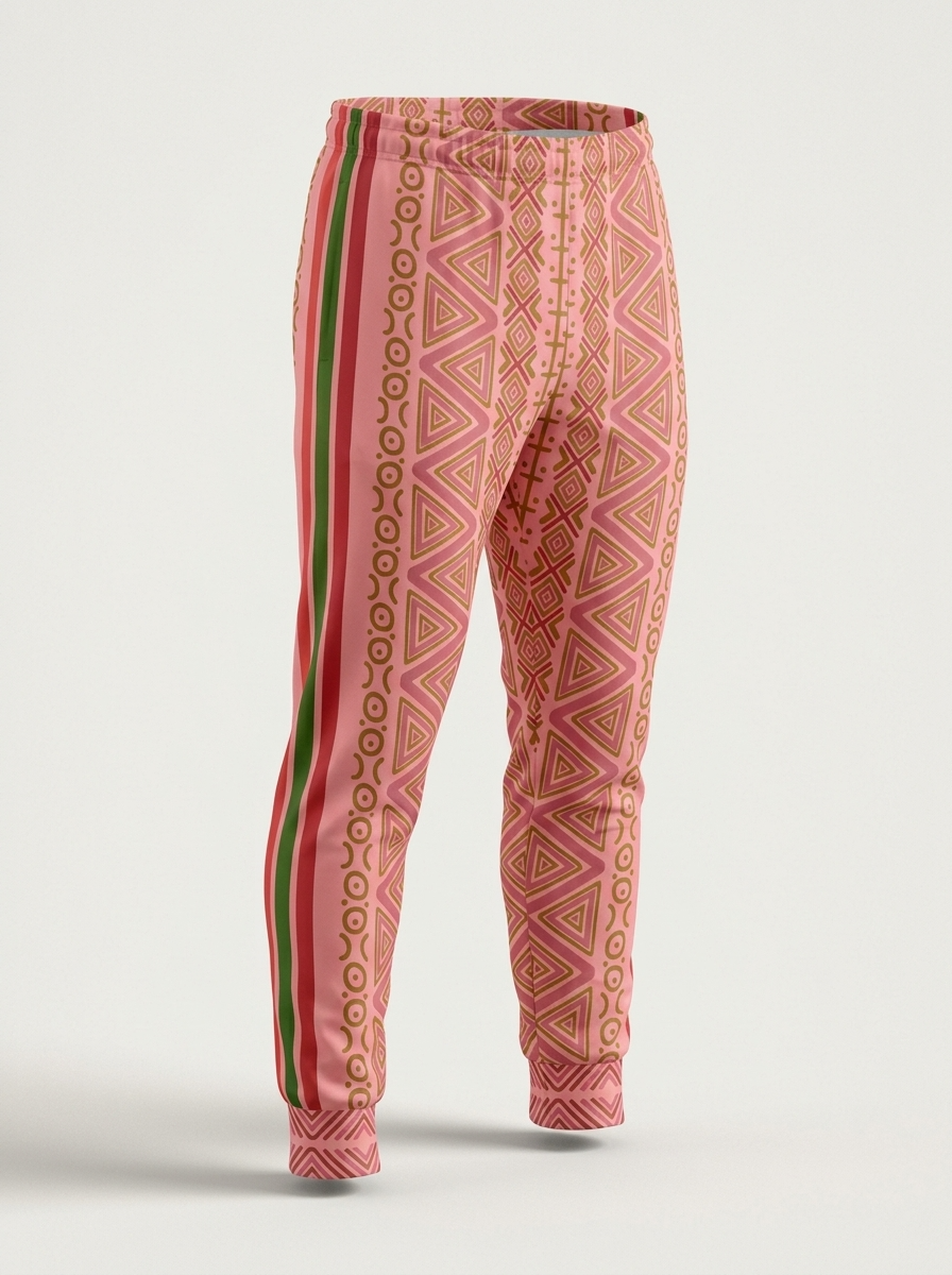 SunBorn N'Donso™ Men's Joggers in Eze Pink on a ghost mannequin, three-quarter right view of the side stripe