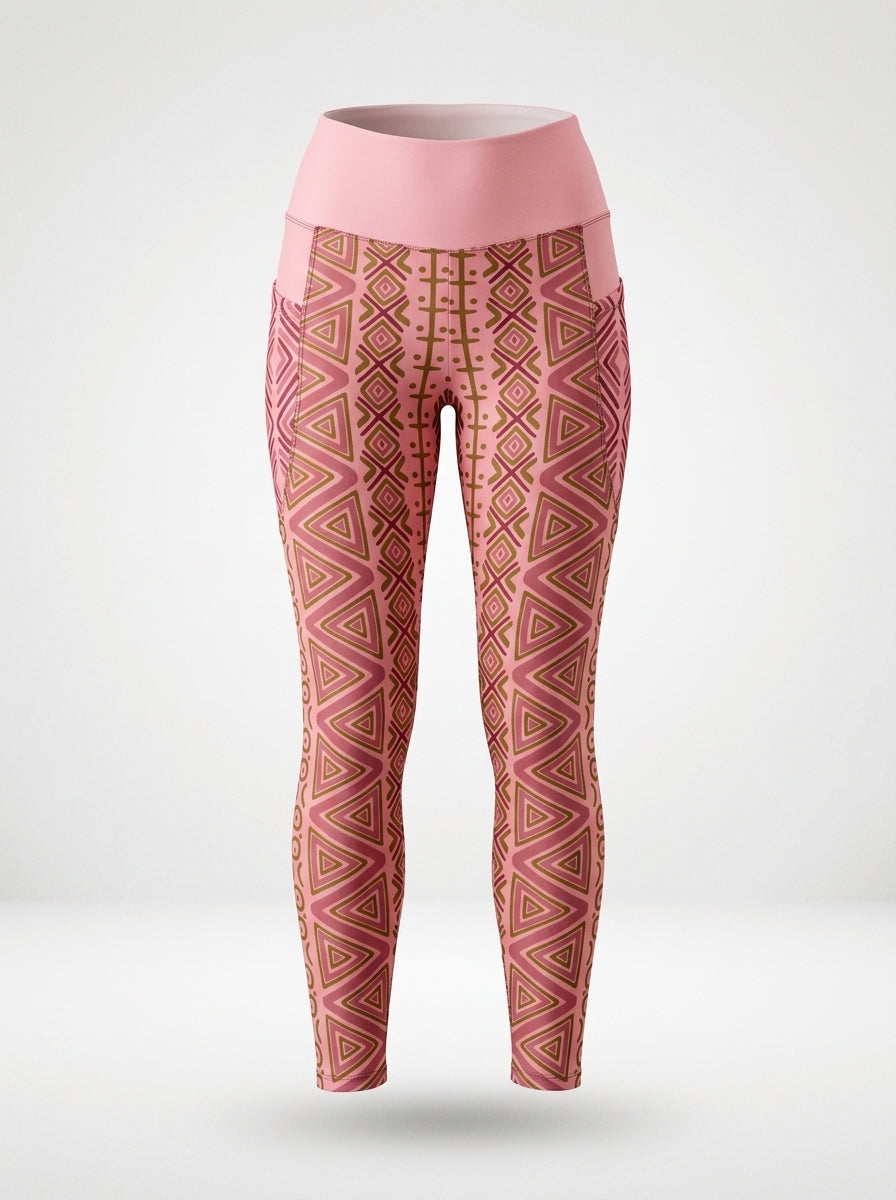 SunBorn N'Donso™ Pocket Leggings in Adaeze Pink on a ghost mannequin, front view: zigzag columns, nested triangles and cross marks