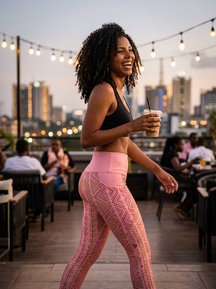 Woman laughing on a city rooftop at dusk with a coffee, wearing SunBorn N'Donso™ Adaeze Pink Pocket Leggings and a black sports bra