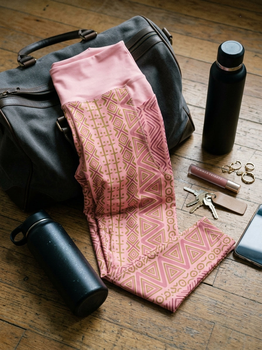 SunBorn N'Donso™ Pocket Leggings in Adaeze Pink folded on a wooden floor beside a gym bag, water bottles and keys
