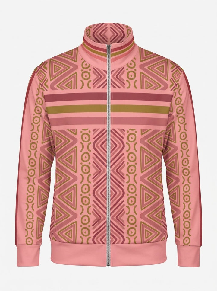 SunBorn N'Donso™ Track Jacket in Eze Pink on a ghost mannequin: full-zip front, sleeve stripes, solid pink cuffs and hem