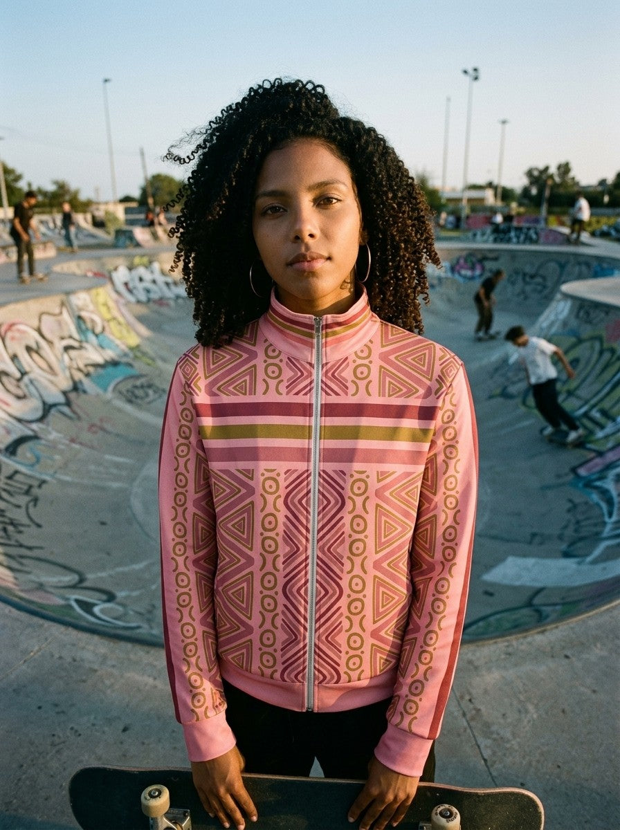 Woman in the SunBorn N'Donso™ Eze Pink Track Jacket holding a skateboard at an outdoor skatepark