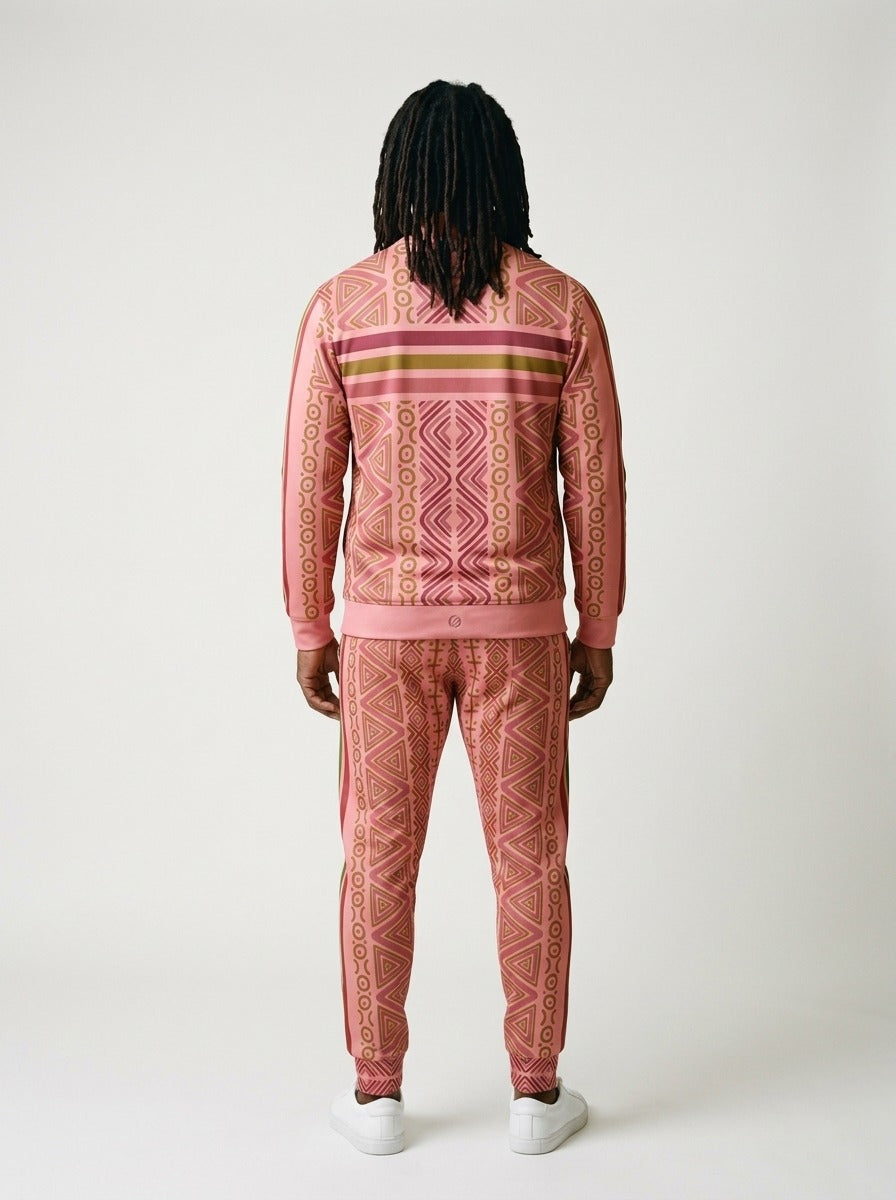 N'Donso™ Track Jacket + Joggers set in Eze Pink, back view with chest-band stripes