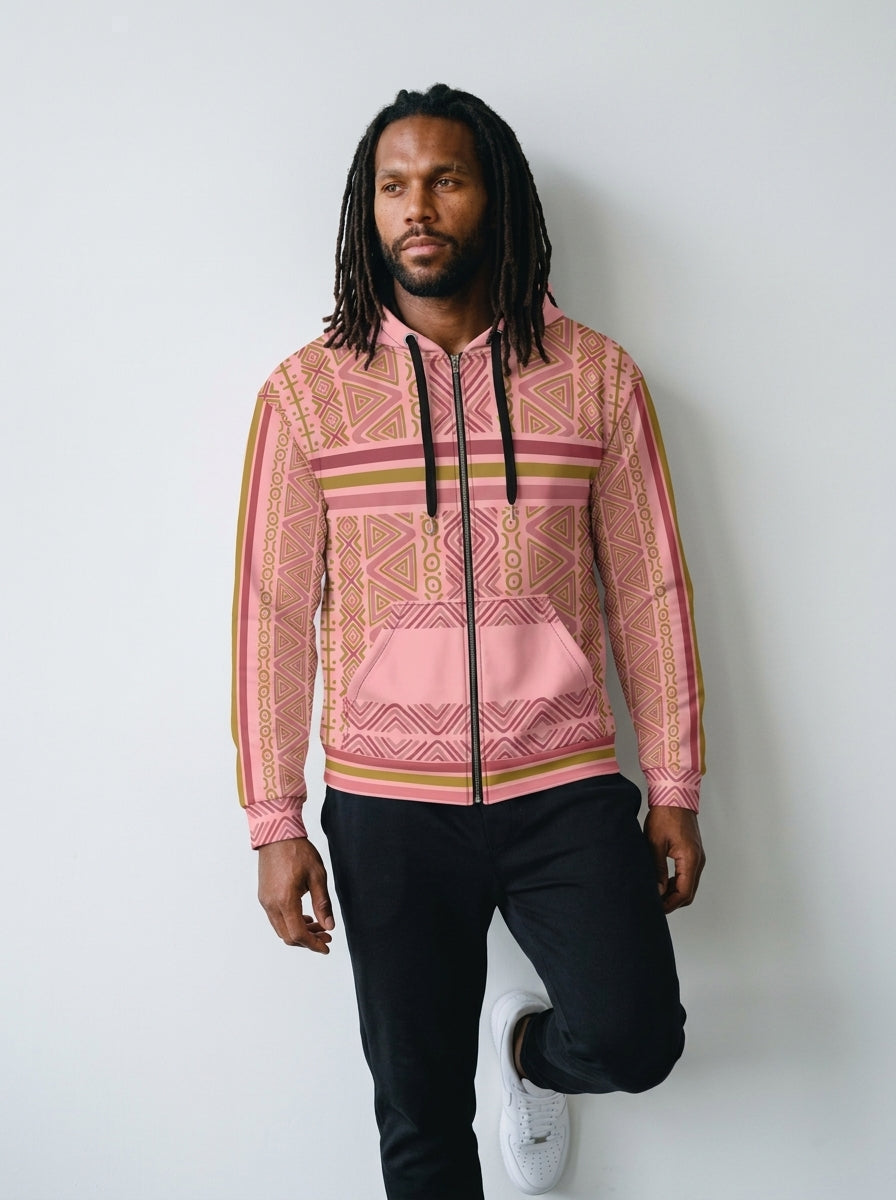 Man wearing the SunBorn N'Donso™ Zip Hoodie in Eze Pink, front view: Hunter's Road print with a striped band across the chest and black drawstrings