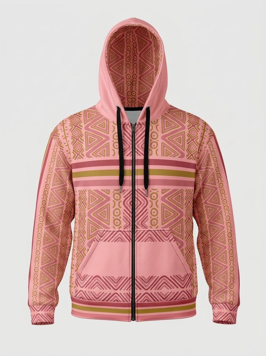 SunBorn N'Donso™ Zip Hoodie in Eze Pink on a ghost mannequin, front view: full zip, kangaroo pockets, striped chest band and printed hood