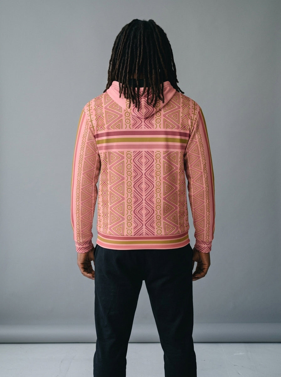 Back view of the SunBorn N'Donso™ Zip Hoodie in Eze Pink on model, with the print and chest band wrapping all the way round